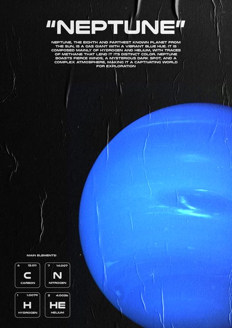 This is a poster of the planet Neptune Planets Poster Aesthetic, Planet Graphic Design, Space Design Graphic, Space Graphic Design, Neptune Planet, Space Posters, Dark Planet, Space Prints, Space Enthusiast