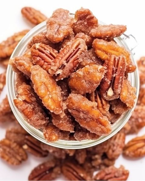 I gave these out as gifts last year and they were a total hit Snacks With Pecans, Candy Coated Pecans, Sugared Peanuts Recipe, Easy Pecan Recipes, Coated Nuts Recipe, Almond Recipes Snacks, Seasoned Pecans, Sweet Treats For Christmas, Best Candied Pecans