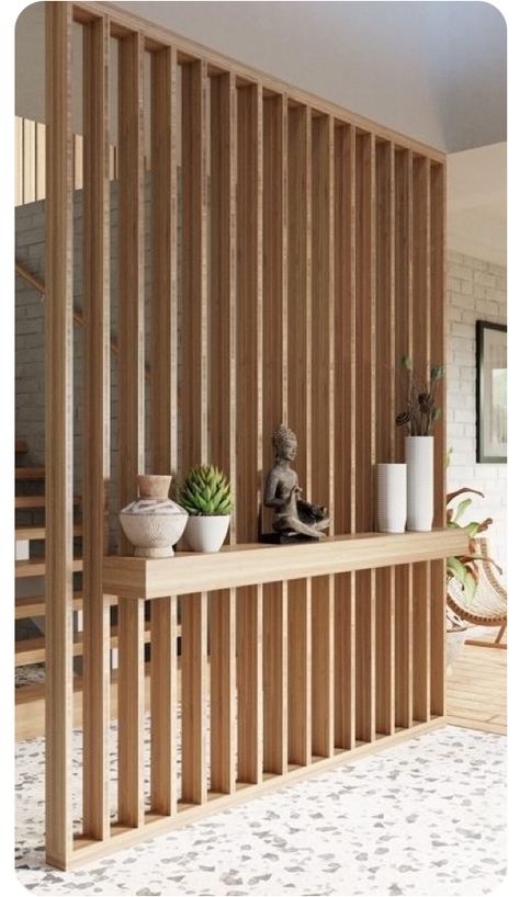 Wood Plank Room Divider, Open Slat Wall, Wood Slat Wall Divider, Wood Slat Wall With Shelves, Entryway Divider, Shelf Partition, Half Wall Ideas, Wooden Partition, Wood House Design