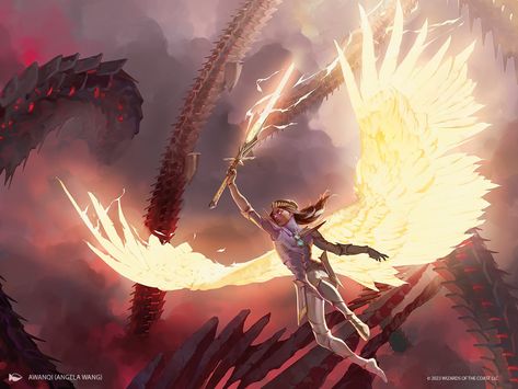 Golden Wings Art, Aasimar Wings, Angel Powers, Wings Of Light, Winged People, Super Powers Art, Golden Wings, Mtg Art, Cyberpunk Anime