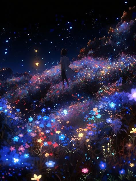 Magical Garden Fantasy Night, Flowers At Night Painting, Anime Flowers Background, Glowing Flowers Aesthetic, Anime Flower Aesthetic, Night Flowers Aesthetic, Anime Background Night, Flower Fantasy Art, Night Fantasy Art