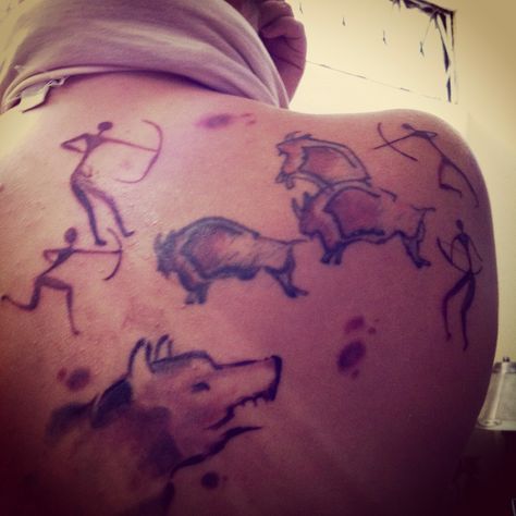 Original Cave painting tattoo by various artists, finished by Marlon "Bug Nasty" Muralles of Germany. Canvas: Evelyn Boy-Mena of Canada. Cave Painting Tattoo, Cave Art Tattoo, Caveman Tattoo, Primal Tattoo, Prehistoric Tattoo, Spear Tattoo, Farcry Primal, Primitive Tattoo, Sketchy Tattoo