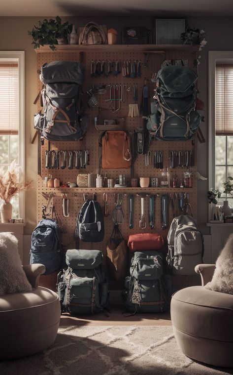 A DIY pegboard setup in a craft room featuring a customizable backpacking gear wall with organized gear. Backpacking Gear Storage, Pegboard Setup, Gear Room Organization, Gear Room Ideas, Outdoor Gear Storage, Diy Pegboard, Camping Room, Adventure Room, Gear Wall