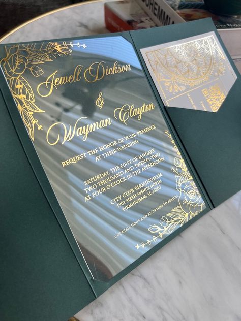 Wedding Invitation Acrylic Invitations Clear Acrylic - Etsy Gold And Green Wedding Invitations, Wedding Invitations Green And Gold, Wedding Invitations 2024, Glass Wedding Invitations, Acrylic Invitation Wedding, Clear Invitations, Roman Wedding, Plexiglass Invitations, Acrylic Invites