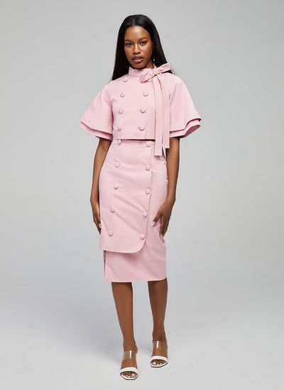 Pink Matching Set, Neck Bow Tie, Green Midi Skirt, Olive Skirt, Skirt And Top Set, Aline Skirt, Neck Bow, Pink Crop Top, Kendall Jenner Style