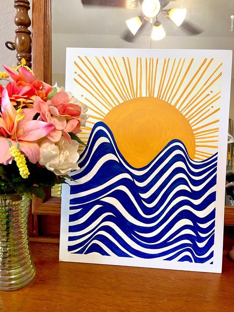 Hand Painted Acrylic Painting of Matisse Inspired Wave and Sun Painting on 18"x24" canvas board. Can be customized to a different color/shade. Made to order! Simple Fun Painting Ideas, Handmade Paintings Wall Art, Easy Fun Canvas Painting Ideas, Simple Paint And Sip Ideas, Art Posca Ideas, Scenic Painting Easy, Simple Painting Patterns, Pattern Painting Ideas, Cool Simple Painting Ideas