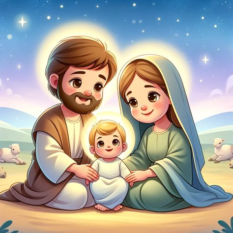 A cartoon image of the Holy Family, featuring Joseph, Mary, and the baby Jesus, set against a peaceful background. This serene scene captures the warmth and love of the family, with gentle expressions on their faces and a soft, glowing aura surrounding them. The background should depict a tranquil setting, possibly with soft, rolling hills, a clear, starry sky, and a few peaceful animals... Jesus Maria E Jose, Holy Family Images, Peaceful Background, Catholic Calendar, Best Prayers, Glowing Aura, Peaceful Backgrounds, Joseph And Mary, Jesus Cartoon