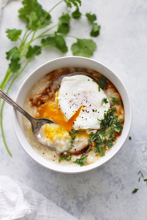 Have you tried Congee? It's such cozy comfort food and couldn't be easier! It's an awesome gluten free chicken soup that's ALL about the toppings. Add tamari, cilantro, and a @happyeggcousa egg on top and WOW. #ad Congee Recipes, Gluten Free Chicken Soup, Rice Congee, Rice Porridge, Bowl Of Soup, Gluten Free Chicken, Chilly Weather, Asian Dishes, An Egg