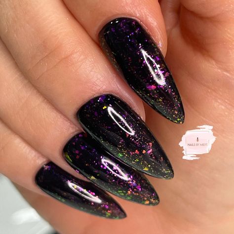 Black And Opal Nails, Black Irridescent Nails Acrylic, Goth Glitter Nails, Black Opal Nails, Black Iridescent Nails, Irridescent Nails, Black Glitter Nails, Pink Holographic Nails, Gel X Nails