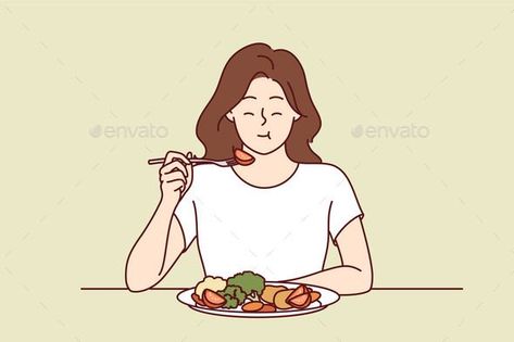 Woman Eats Appetizing Fresh Vegetable Salad and Eat Healthy Food Illustration, Eating Food Illustration, Healthy Food Illustration, Fresh Vegetable Salad, Tiny Habits, Tiny Habit, Vegetable Illustration, Visual Board, Urban Farming