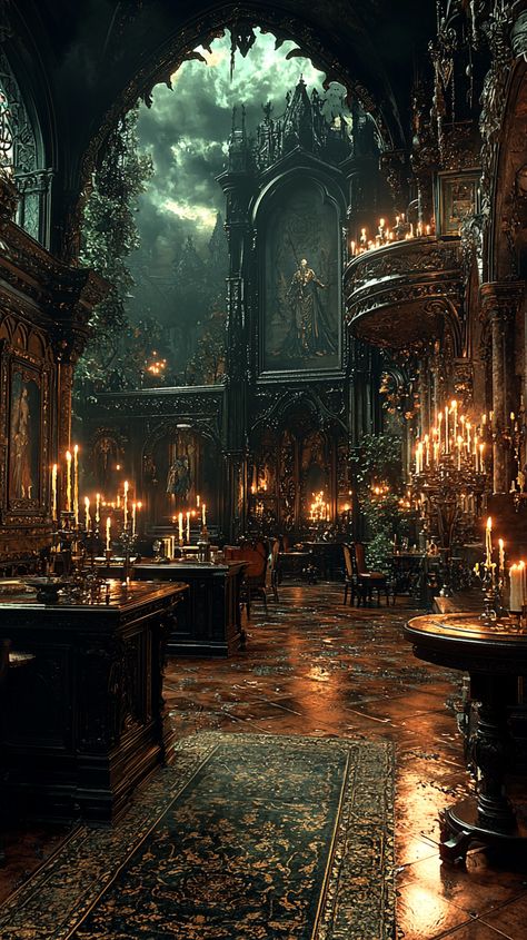 Gothic Kitchen Ideas: Mystical Decor & Enchanted Candlelit Ambiance Medieval Lovers Aesthetic, Dark Church Background, Dnd Cathedral, Horror Game Concept Art, Candela Obscura Aesthetic, Gothic Kitchen Ideas, Gothic Home Decor Ideas, Mystical Decor, Gothic Kitchen