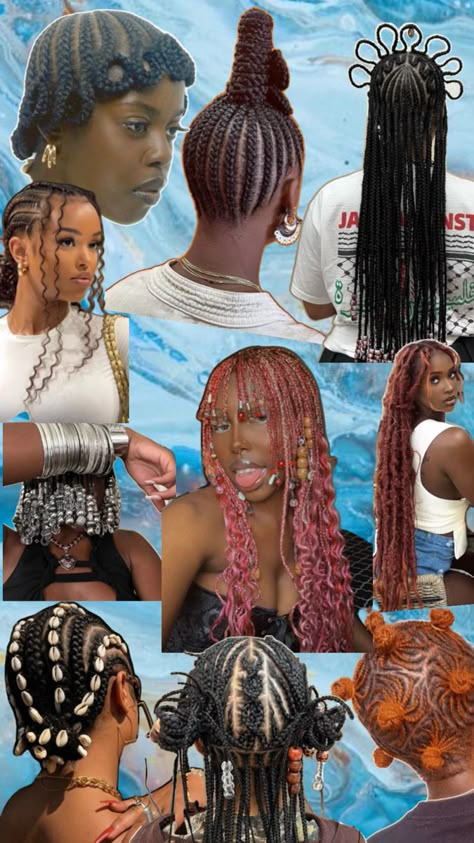 Collage of different braided hairstyles for black women, locs, stitch braids and more. African inspired hair Hairstyle Unique, Braids Locs, Unique Braids, Braiding Styles, Up Dos, Locs, Girl Hairstyles, Braids, Hairstyles