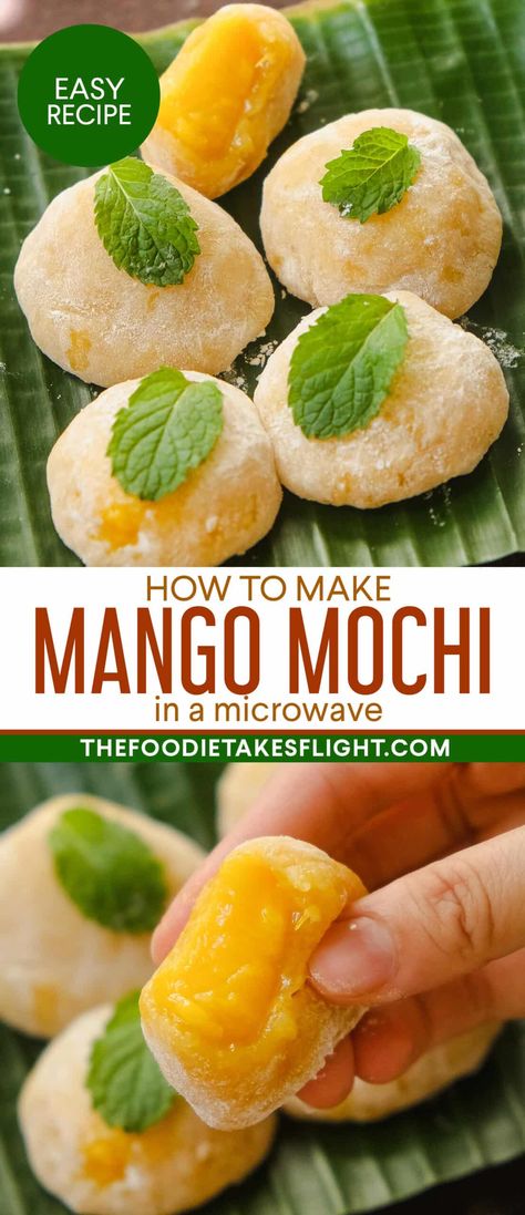 Easy Mango Mochi Mochi Easy Recipe, Simple Mochi Recipe, Healthy Mochi Recipe, Easy Mochi Recipes, Moochie Recipe, Peach Mochi Recipe, Jello Mochi Recipes, Mochi Filling Recipe, Mango Deserts Easy