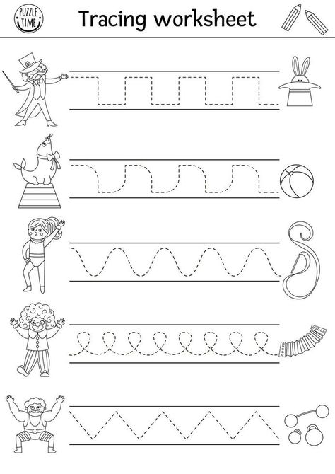 Vector circus handwriting practice worksheet. Amusement show printable black and white activity for preschool children. Tracing game for writing skills with magician, clown, gymnast, athlete Fair Theme Preschool Activities, Circus Literacy Activities, Circus Daycare Activities, Circus For Preschoolers, Circus Fine Motor Activities, Carnival Theme Activities For Preschool, Circus Worksheets Preschool, Preschool Carnival Activities, Circus Week Preschool