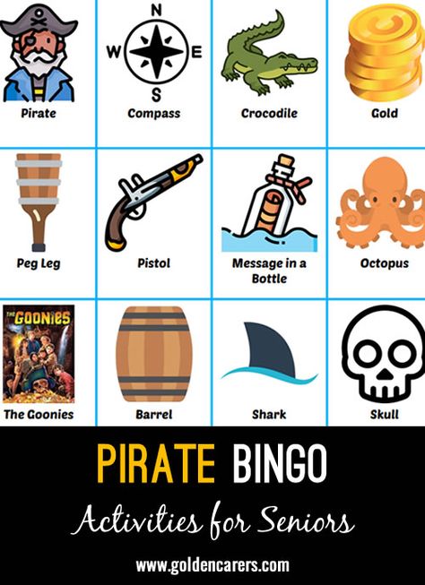 Pirate Bingo: Here is a pirate-themed bingo game to enjoy! Pirate Bingo, Pirate Compass, Activities For Seniors, Nursing Home Activities, Elderly Activities, Activity Director, Goonies, Senior Care, Pirate Theme