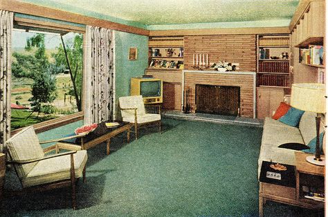 The reality of picture windows, was that they looked out at all the other picture windows. 50s Living Room, 1950s Living Room, 50s Interior, 1950s Interior, Sala Vintage, 50s House, Retro Homes, 1950s Home Decor, 1950s House