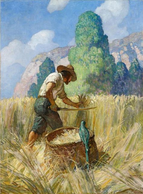 N.C. WYETH Robinson Crusoe and His Grain Field Oil on Canvas 40.75″ x 30.25″ Grain Field, Pennsylvania Impressionist, N C Wyeth, Jamie Wyeth, Nc Wyeth, Robinson Crusoe, Andrew Wyeth, Impressionist Paintings, Traditional Paintings