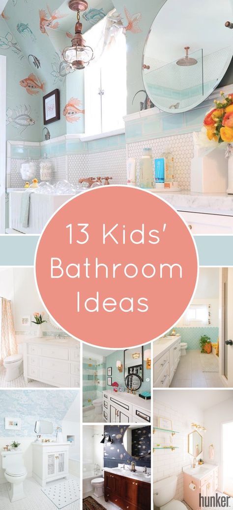 Small Guest Bathroom Ideas Wallpaper, Bunk Room Bathroom, Family Bathroom Ideas Decor, Bathroom Color Theme Ideas, Wallpaper For Kids Bathroom, Nursery Bathroom Ideas, Small Kid Bathroom Ideas, Simple Kids Bathroom Ideas, Children’s Bathroom Remodel