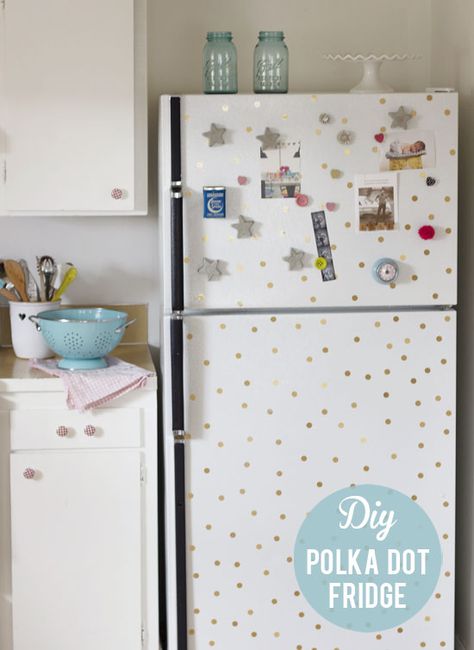 DIY polka dot fridge | At Home in Love ~ gold contact paper, circle hole punch and add to wall / fridge Gold Contact Paper, Fridge Makeover, Polka Dot Decor, Diy Kitchen Projects, Kitchen Decorating, Diy Interior, Contact Paper, Kitchen Projects, Renter Friendly