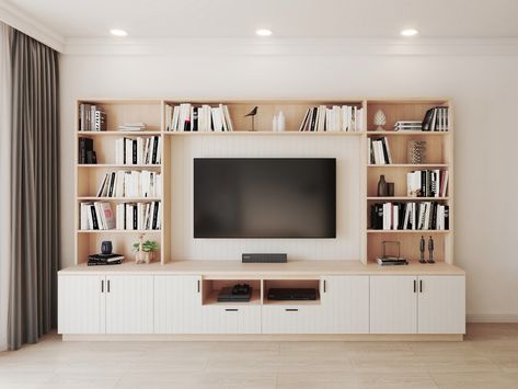 Tv Unit Bookshelf, Tv Unit Bookcase, Minimal Entertainment Center, Living Room With Bookcase Wall, Bookcase With Tv In Middle, Bookcase Wall Living Room, Tv Bookcase Wall, Living Room Joinery, Tv And Bookcase Wall