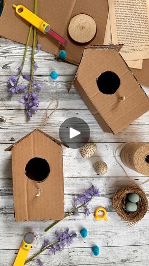 412K views · 24K reactions | Cardboard Birdhouse 🪶🪺

These birdhouses are a fun recycled craft for spring! We cut, scored, and folded the sides. I joined everything with hot glue and add a corrugated roof and wood stick perch. | Alyssa Stokes | Vitamin String Quartet · Somewhere Only We Know Wood Bird Houses Birdhouse Ideas, Diy Bird Houses Ideas How To Make, Cardboard Bird House, Cardboard Birdhouse, Paper Bird House, Bird House Craft, Home Made Glue, Wood Sticks Crafts, Cardboard Art Projects