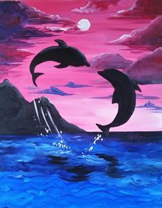 Black Canvas Painting Ideas, Black Canvas Painting, Painting On Small Canvas, Painting On Black Canvas, Canvas Painting Ideas For Beginners, Dolphin Painting, On Black Canvas, Beginners Painting, Dolphin Art