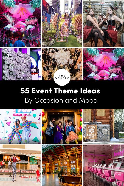 event ideas, event themes, event inspiration, a list of event decor Themes For Events Creative Ideas, Business Party Theme Ideas, Work Party Themes Events, Party Themes For Work Events, Fundraising Events Themes, Big Party Themes, Calendar Party Table Themes, Table Themes Fundraiser, Celebration Themes Ideas