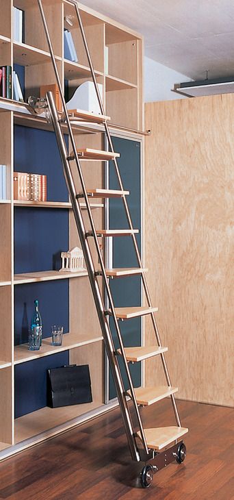 Sliding ladder, with steps, birch - order from the Häfele N.Z. Shop Library Ladder With Handrail, Built In With Ladder, Library Ladders Rolling, Bookshelf Ladder, Library Ladders, Bookcase Ladder, Sliding Ladder, Loft Railing, Stair Slide