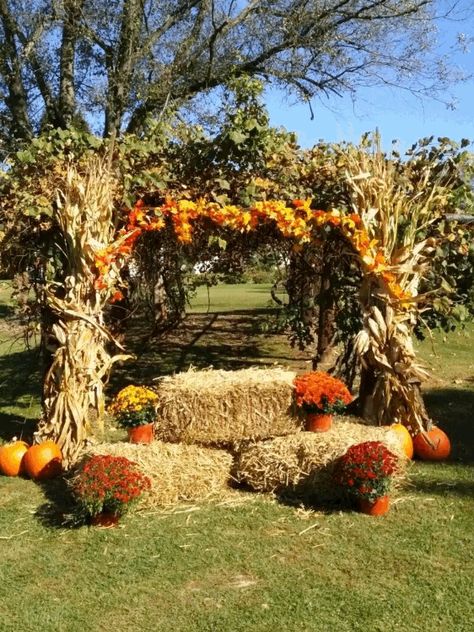 Fall Harvest Photo Backdrop, Diy Pumpkin Patch Photo Booth, Subdivision Entrance Fall Decor, Autumn Backdrop Ideas, Fall Photo Op Backdrop, Fall Festival Entrance Ideas, Thanksgiving Outdoor Decorations Yards, Fall Photo Backdrop Ideas Outdoor, Fall Hay Bale Decor Yard