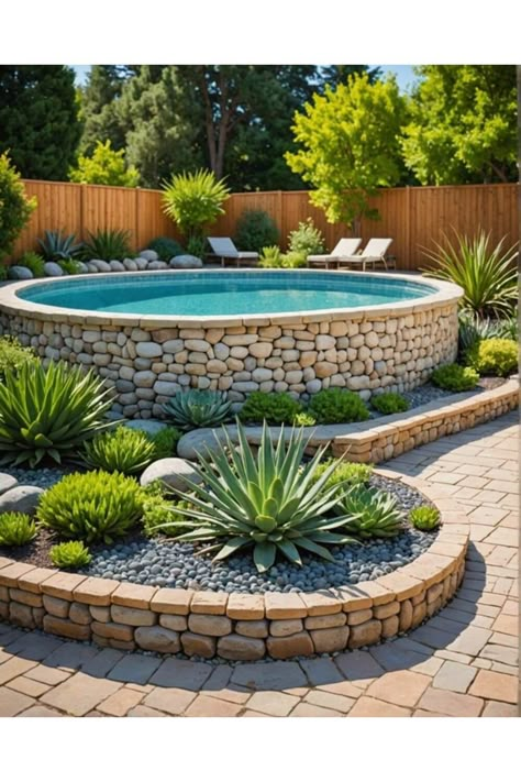 Transform Your Backyard with These Stunning Above Ground Pool Ideas Pool Garden Landscape, Natural Inground Pool, Garden Swimming Pool Ideas, Landscape Above Ground Pool, Full Sun Pool Landscaping Ideas, Cheap Above Ground Pool Ideas, Cheap Pool Landscaping Ideas, Raised Pool Ideas, Garden Around Pool