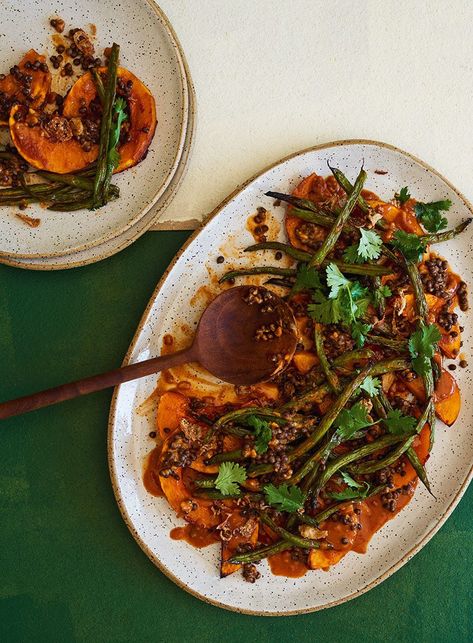 ROASTED PUMPKIN & LENTIL SALAD WITH GOCHUJANG DRESSING - Cuisine Magazine - From New Zealand to the World Gochujang Dressing, Peanut Butter Dressing, Pumpkin Lentil, Spicy Peanut Butter, Cooked Lentils, Butter Dressing, Squash Zucchini, Dried Lentils, Fried Shallots