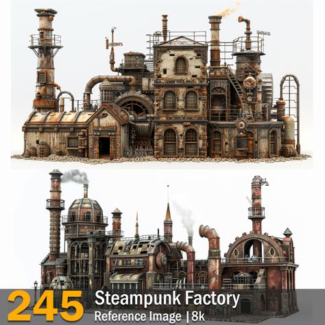 Steampunk Factory | Reference Images | 8K,  on ArtStation at https://www.artstation.com/artwork/Evl2D8 Steam Punk Factory, Factory Architecture Industrial Facade, Steampunk Tower, Steampunk Environment, Steampunk Castle, Steampunk Factory, Steampunk Cowboy, Victorian Factory, Steampunk Building