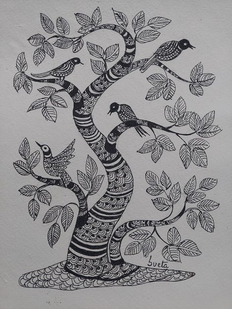 Ink on paper 11x15 inches Gond art Gond Art Trees, Gond Painting Folk Art Tree Of Life, Madhubani Art Black And White, Gond Art Easy, Gond Art Motifs, Gond Art Peacock, Gond Painting Folk Art, Madhubani Paintings Peacock, Life Black And White