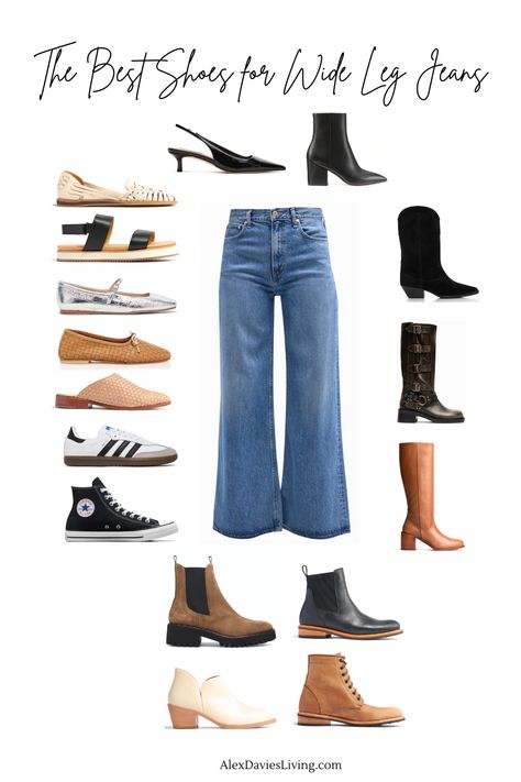 The Best Shoes for Wide Leg Pants Shoes For Wide Jeans, Wide Leg Styling, Converse With Wide Leg Jeans, Styling Wide Leg High Waist Jeans, Wide Leg Pants Outfit Boots, Footwear With Wide Leg Jeans, Wide Leg With Boots, Very Wide Leg Jeans Outfit, Crop Wide Leg Jeans Outfit Winter