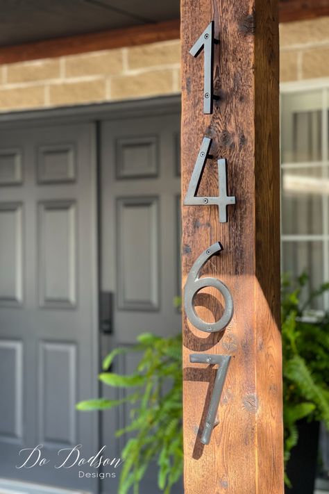 Modern Black House, Classic Modern House, Exterior Wood Paint, Front Porch Makeover, Fixer Upper House, Modern House Numbers, Porch Ceiling, Address Signs, Porch Makeover