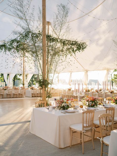 Backyard Wedding Reception Tent Long Tables, Wedding On Water Ideas, Waterfront Tent Wedding, Tent Wedding Table Layout, Italian Tent Wedding, Lake Ceremony Wedding, Waterfront Wedding Decor, Waterfront Wedding Reception, Classy Tent Wedding