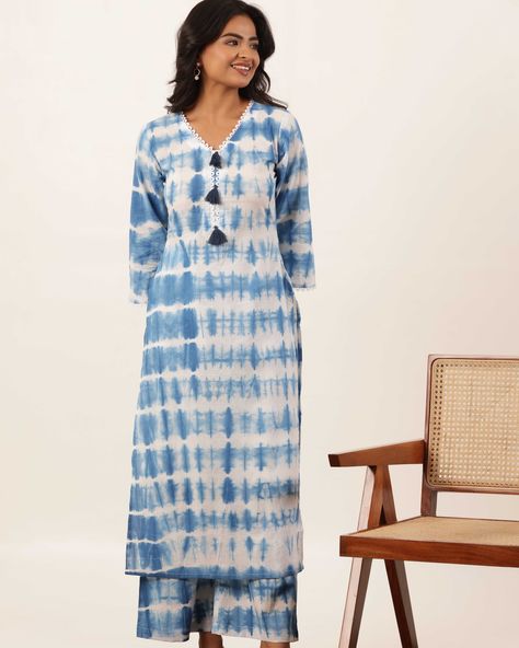 WHETHER YOU’RE ATTENDING A CASUAL GATHERING OR A FORMAL EVENT,THIS SHIBORI KURTI PLAZZO SET IS SURE TO MAKE YOU STAND OUT WITH ITS VIBRANT COLORS AND TIMELESS DESIGN💙 Available in all the sizes Xs to 5XL! [Sajilo, Kurti pant set, Office wear, Traditionals, Pure cotton, Handblock print, Daily wear, Indian wear, Suits] #sajilo_official #kurtipant #kurti #kurtis #cottonkurti #kurtiset #ethnicwear #fashion #kurtipants #designerkurti #kurtiplazzo #kurtipantset #cottonsuits #handblockprint #onli... Shibori Kurti Designs, Indian Wear Suits, Shibori Kurti, Plazzo Set, Kurti Pant Set, Kurti Style, Dance Songs, Kurti Pant, Girls' Generation