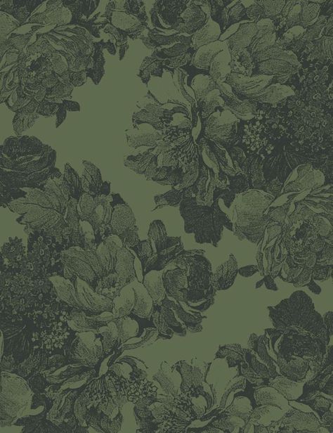 Barbara Ann Army Green  Wallpaper Floral, Barbara Ann, A Wallpaper, Green Wallpaper, Green And Black, Wallpaper Roll, Floral Wallpaper, Army Green, Dark Green