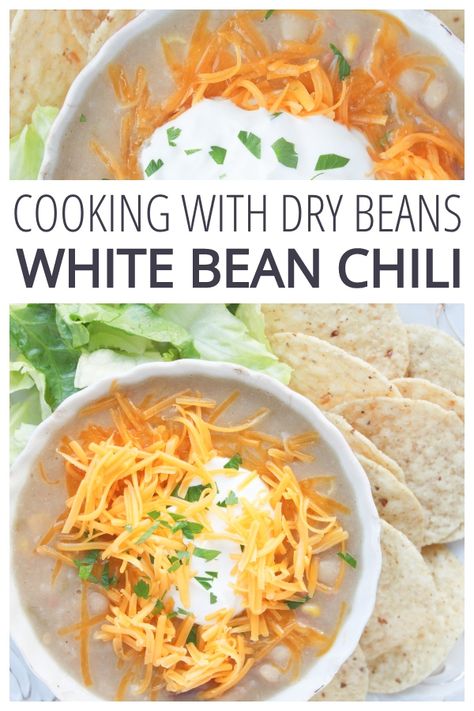 Learn to cook dry beans! White Bean Chili is comforting, inexpensive, simple, and full of real food. Instructions for Instant Pot, Slow Cooker, and Stovetop included. Add chicken to make white chicken chili, and the recipe includes gluten-free, dairy-free, vegan, and freezer storing tips! From CheapskateCook.com #recipe #chili Dry Navy Bean Recipes, White Chicken Chili With Dry Beans, Slow Cooker White Beans, Dry Beans Recipes Slow Cooker, White Bean Stew, White Bean Chicken Chili Crockpot, Navy Bean Recipes, White Chicken Chilli, Dry Beans Recipe