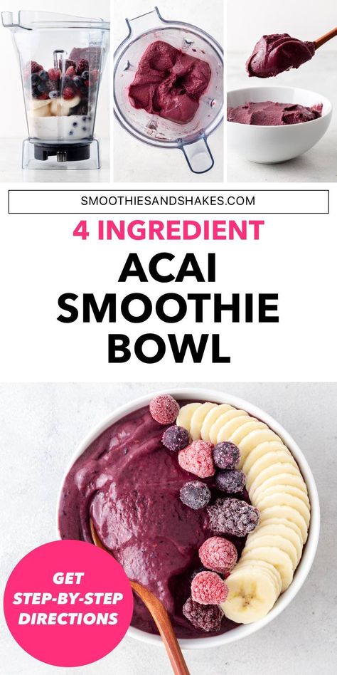 This refreshing acai smoothie bowl is a healthy treat that’s made with just 4 ingredients. Get the step-by-step instructions and tips for making it at home. #acaismoothiebowl #smoothiebowl #healthyrecipes #smoothies #acai #superfoods #vegansmoothies Smoothie King Bowl, Diy Acai Bowl Recipes, Diy Acai Bowl, Acai Smoothie Recipe, Simple Smoothies, Acai Bowl Recipe Easy, Homemade Acai Bowl, Acai Recipes, Smoothie Bowls Recipe Easy