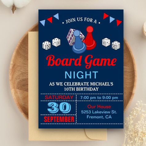 Game Night Party Invitations, Board Game Birthday Party, Game Night Birthday Party, Board Game Birthday, Board Game Themes, Night Birthday Party, Game Birthday Party, Game Night Parties, Board Game Night