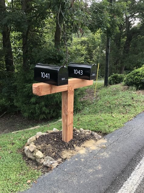 Red Cedar 6x6 double mailbox post. Mailbox Post Plans, Double Mailbox Post, Cedar Mailbox, Cedar Mailbox Post, Farmhouse Mailboxes, Outdoor Solar Lighting, Modern Mailbox Design, Mailbox Makeover, Wooden Mailbox