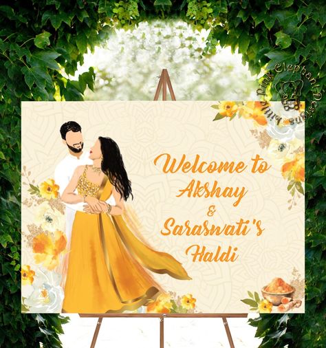 Haldi Sunboard, Welcome To Haldi Board, Haldi Poster Design, Welcome To Haldi Ceremony, Haldi Ceremony Welcome Board, Haldi Illustration, Haldi Poster, Haldi Welcome Board, Haldi Invitation