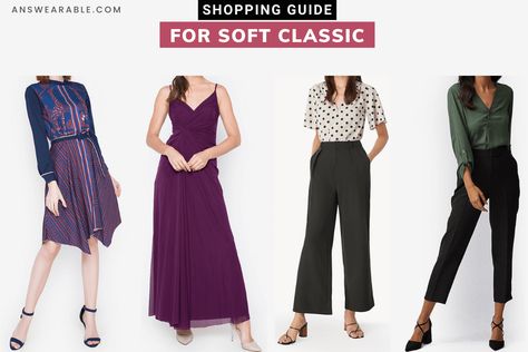 Do you have a Soft Classic Kibbe body type? Here's a detailed Soft Classic shopping guide for the best clothing, accessories, makeup, coloring, and jewelry. Soft Classic Pants, Worst Outfits, Soft Classic Kibbe, Neesees Dresses, Dramatic Classic, Classic Style Outfits, Pants Outfits, Classic Pants, Soft Classic