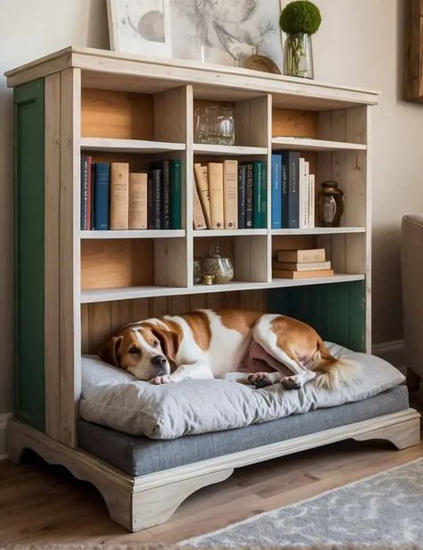 Dog Bed Built Into Bed, Built In Tv Wall Unit With Dog Bed, Dog Bed Storage Ideas, Diy Dog Bed Attached To Bed, Dog Bed Under Desk, Dog Bed In Living Room, Dog Apartment Ideas, Dog Bed Ideas For Living Room, Diy Dog Sofa