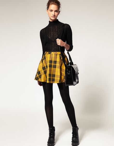 Asos yellow tartan skirt. Yellow Plaid Skirt Outfit, Checkered Dress Outfit, Yellow Tartan Skirt, Checkered Skirt Outfit, Tartan Skirt Outfit, Autumn Lookbook, Yellow Plaid Skirt, Plaid Skirt Outfit, Checked Skirt