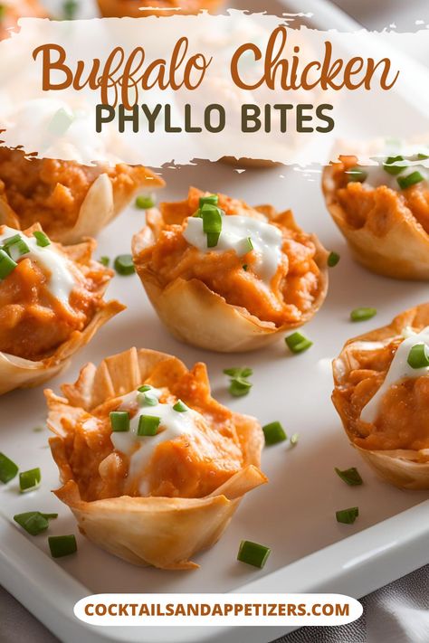 For easy party appetizers, these Buffalo Chicken Bites are perfect. Spicy shredded chicken bites in phyllo pastry are great to make ahead for game day food, party recipes, football party food. Healthy handheld appetizer recipes. Buffalo Bites Chicken, Chicken Phyllo Cups, Buffalo Chicken Wonton Cups, Chicken Phyllo, Party Food Healthy, Buffalo Chicken Cups, Spicy Shredded Chicken, Buffalo Chicken Appetizers, Chicken Cups