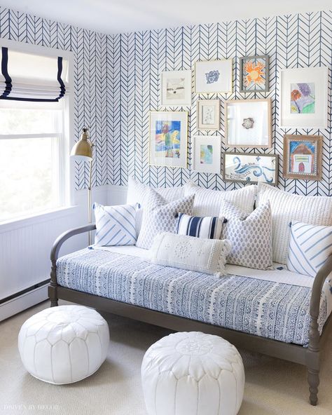 Driven By Decor | Kris on Instagram: “We bought a daybed for our upstairs landing space about two years ago and it’s been the best purchase! We normally keep it littered with…” Daybed Pillow Arrangement, Serena And Lily Wallpaper, Daybed Pillows, Daybed Room, Blue And White Wallpaper, Blue And White Pillows, Driven By Decor, Living Room Color Schemes, Room Color Schemes