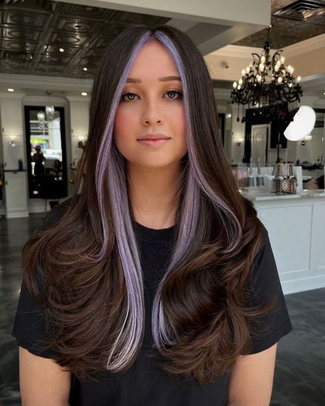 Lavender Peekaboo Hair for Brunettes Brown Hair With Silver Money Piece, Light Purple Money Piece Hair, Lavender Peekaboo Hair, Lavender Money Piece Hair, Purple Halo Hair, Vivid Hair Color Ideas For Brunettes, Money Piece Hair Color, Piece Hair Color, Purple Peekaboo Hair