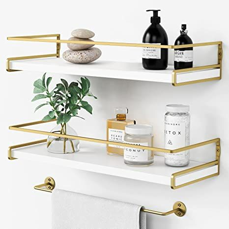 Gold Bad, Metal Floating Shelves, Shelves Over Toilet, Wall Decor Storage, Bathroom Shelves Over Toilet, Gold Shelves, Gold Cabinet, Corner Wall Shelves, Floating Shelves Bathroom